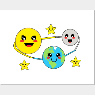 Cute Kawaii Sun Earth Moon and Stars Posters and Art